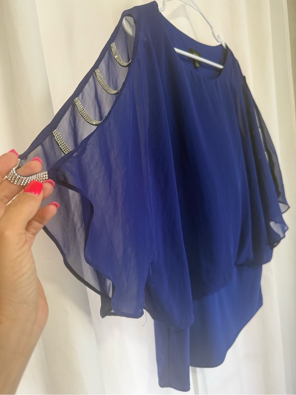 MSK Royal Blue Dolman Batwing Sleeve Blouse with Rhinestone Bands on Sleeves